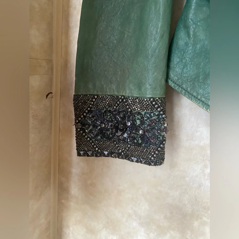 Diesel Distressed Dark Green Leather Premise Beaded Moto Jacket - Picture 4 of 14
